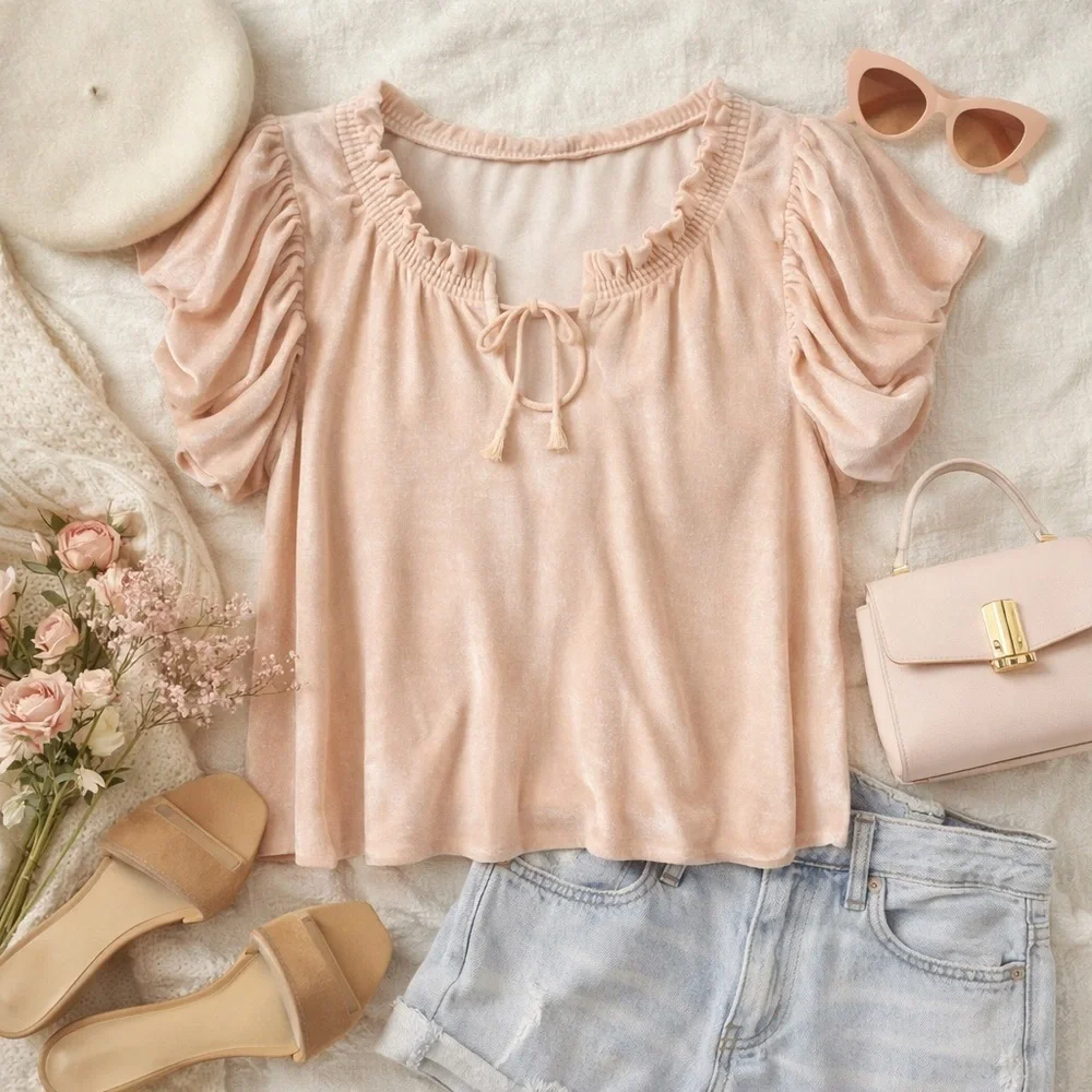 Free People | Terese Velvet Top | Blush Pink | Peasant Boho Blouse | Size M